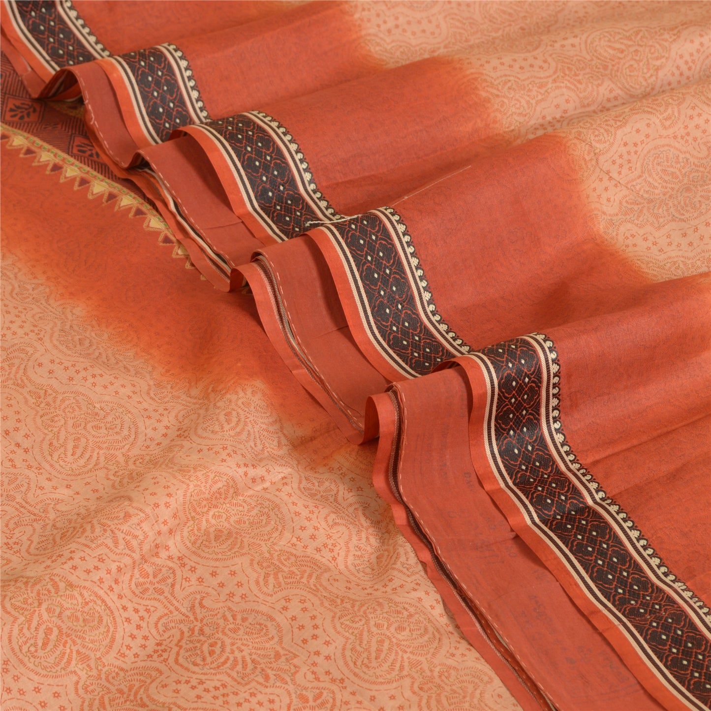 Sanskriti Vintage Sarees Peach/Orange Pure Silk Printed Sari 5yd Craft Sustainable Fabric