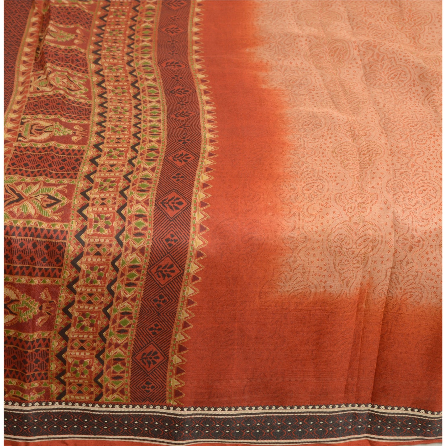 Sanskriti Vintage Sarees Peach/Orange Pure Silk Printed Sari 5yd Craft Sustainable Fabric