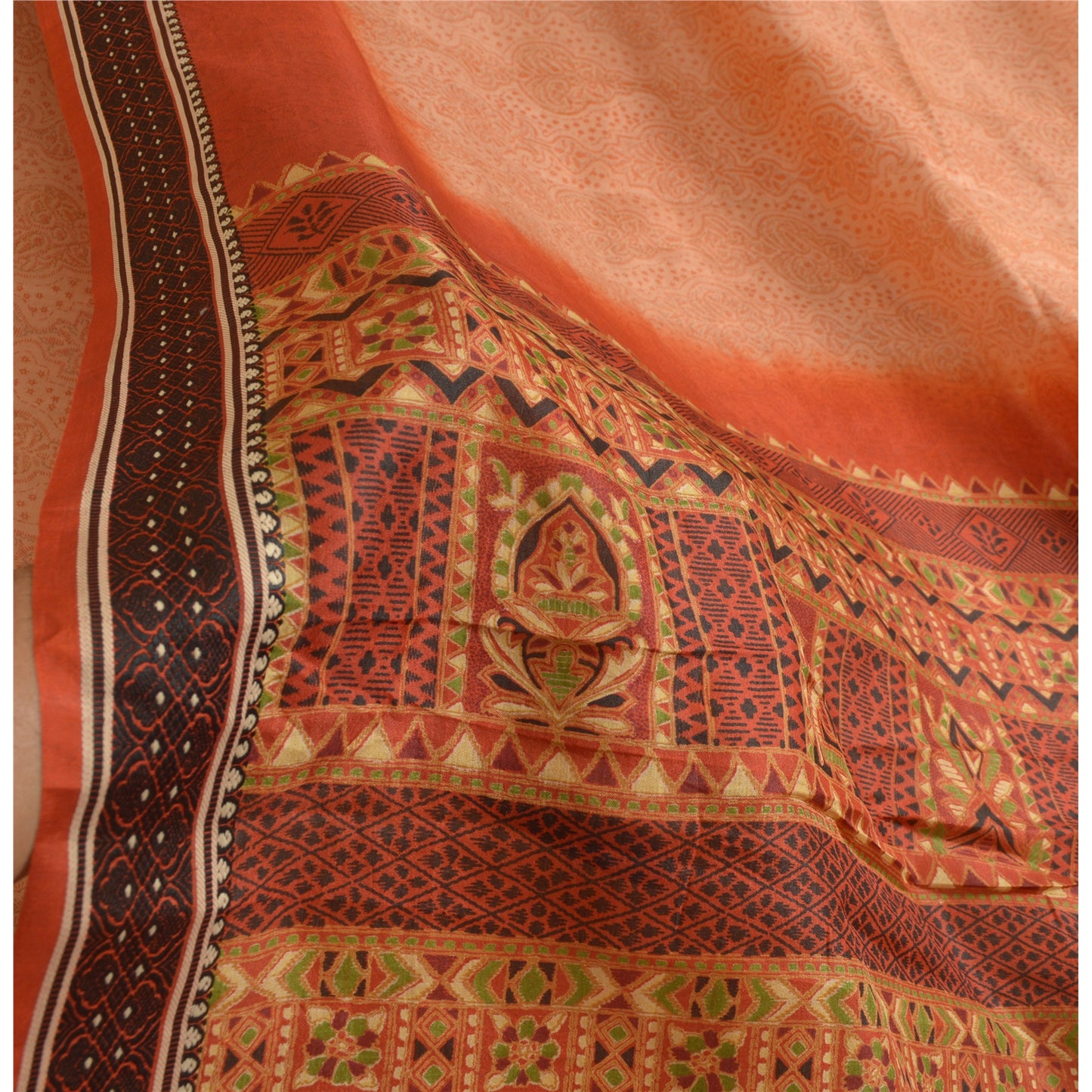 Sanskriti Vintage Sarees Peach/Orange Pure Silk Printed Sari 5yd Craft Sustainable Fabric