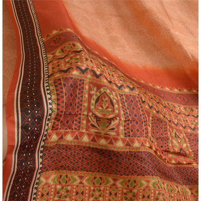 Sanskriti Vintage Sarees Peach/Orange Pure Silk Printed Sari 5yd Craft Sustainable Fabric