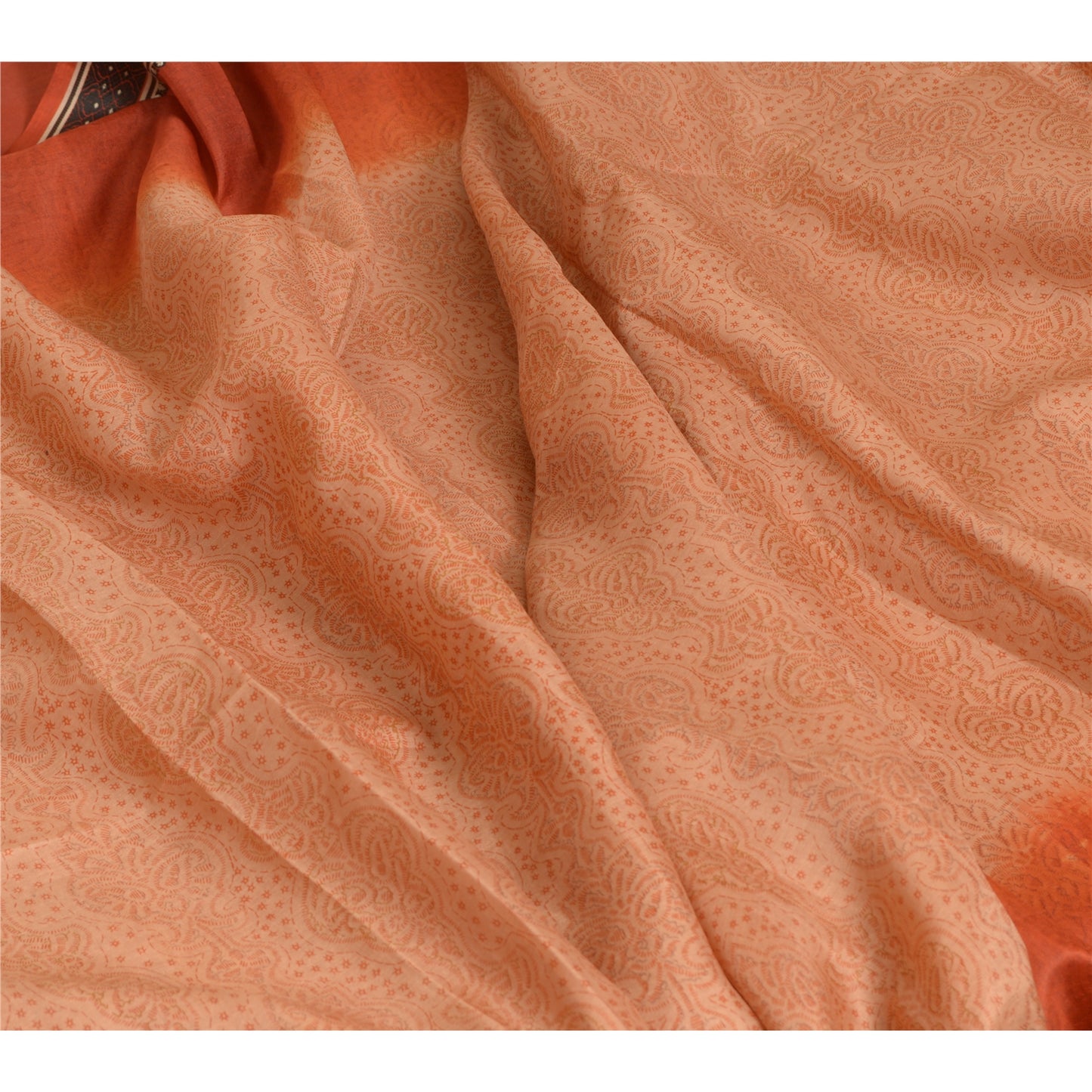 Sanskriti Vintage Sarees Peach/Orange Pure Silk Printed Sari 5yd Craft Sustainable Fabric