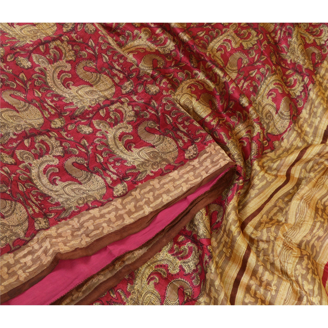 Sanskriti Vintage Sarees Pink Hand Block Printed Peacock Pure Silk Sari Fabric