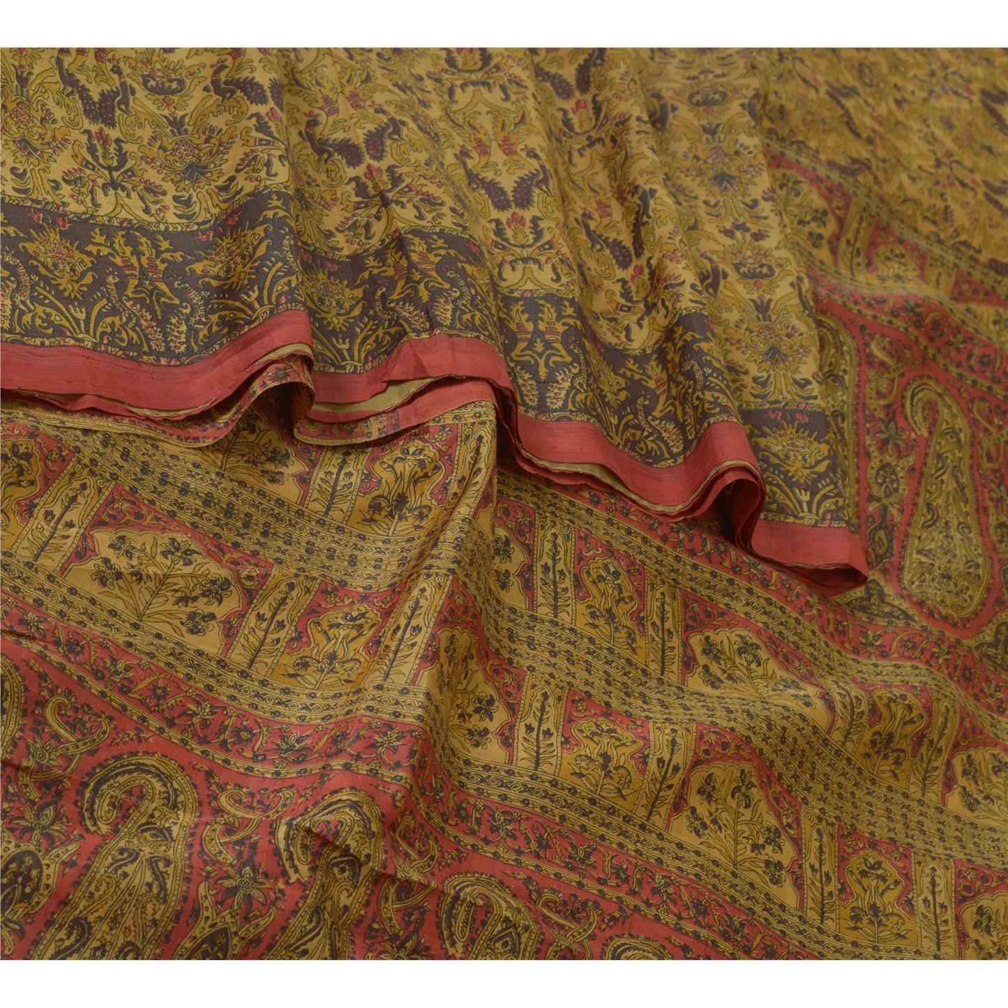 Sanskriti Vintage Sarees Heena-Green Pure Silk Printed Sari Floral Craft Sustainable Fabric