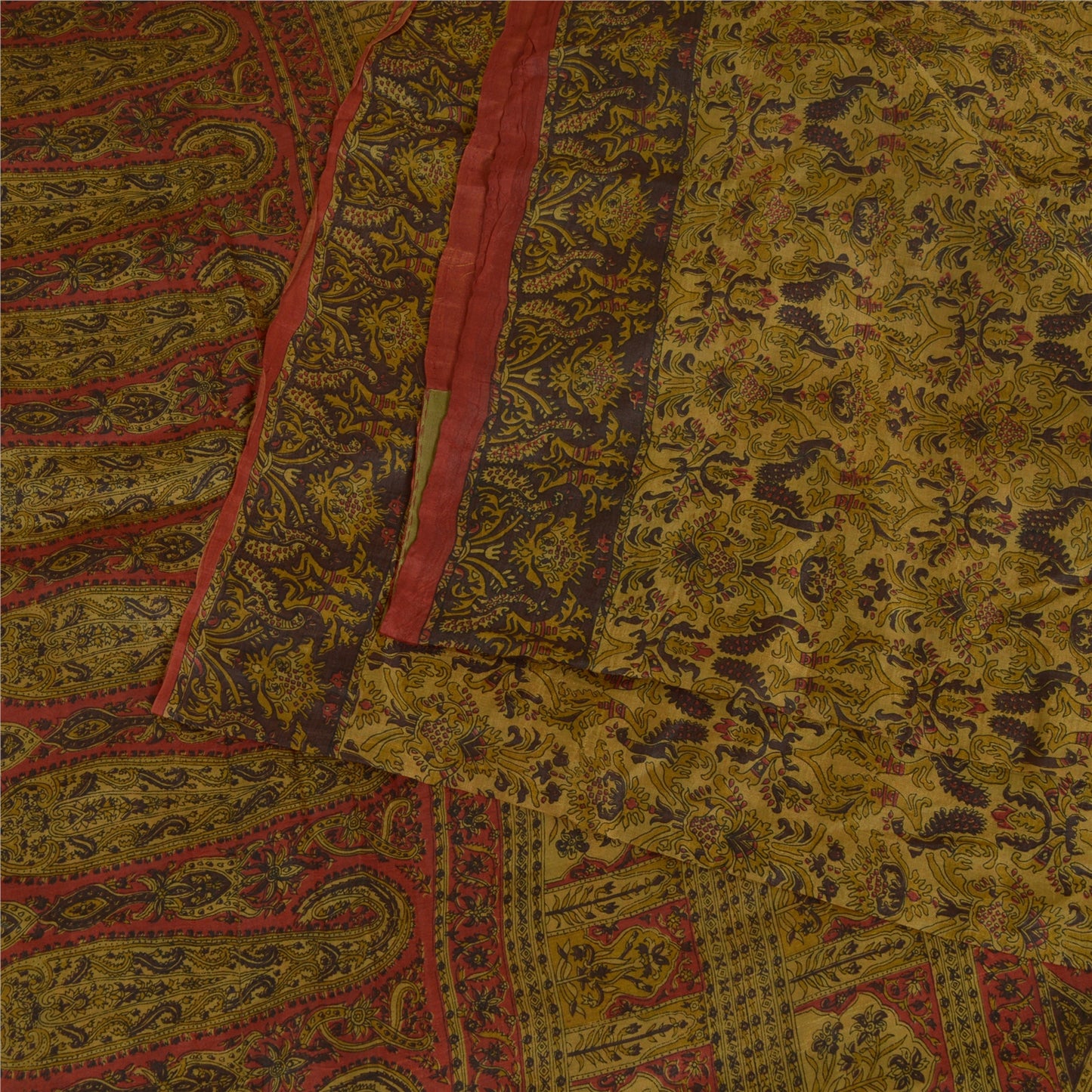 Sanskriti Vintage Sarees Heena-Green Pure Silk Printed Sari Floral Craft Sustainable Fabric