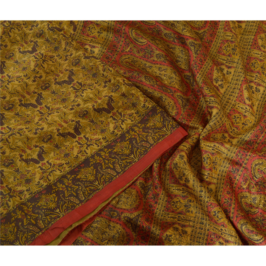 Sanskriti Vintage Sarees Heena-Green Pure Silk Printed Sari Floral Craft Sustainable Fabric