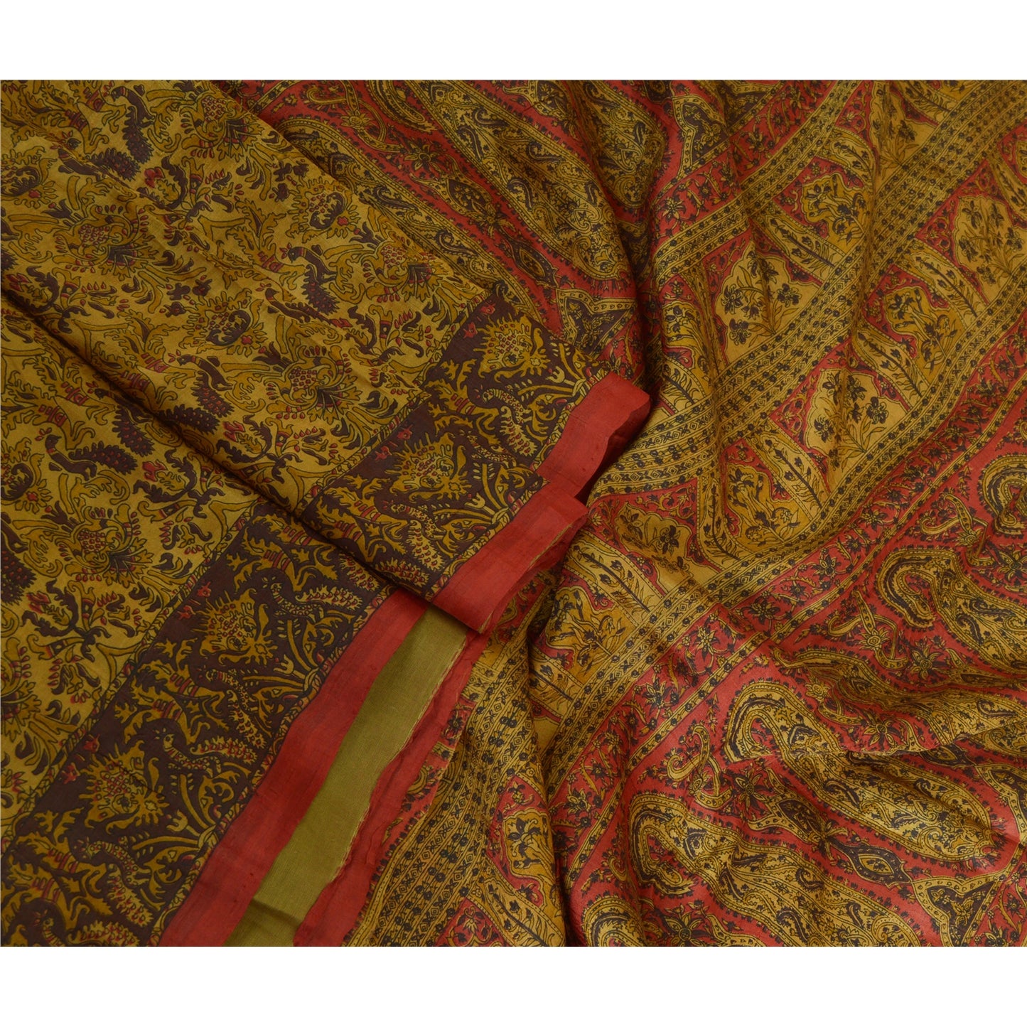 Sanskriti Vintage Sarees Heena-Green Pure Silk Printed Sari Floral Craft Sustainable Fabric