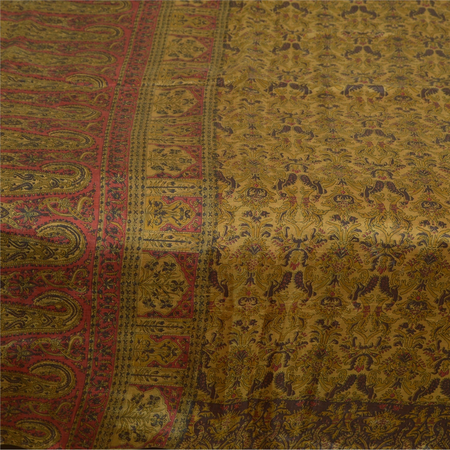 Sanskriti Vintage Sarees Heena-Green Pure Silk Printed Sari Floral Craft Sustainable Fabric