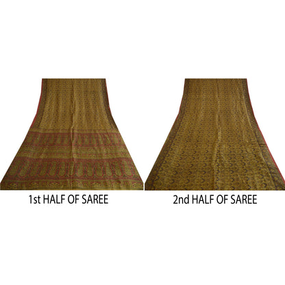 Sanskriti Vintage Sarees Heena-Green Pure Silk Printed Sari Floral Craft Sustainable Fabric