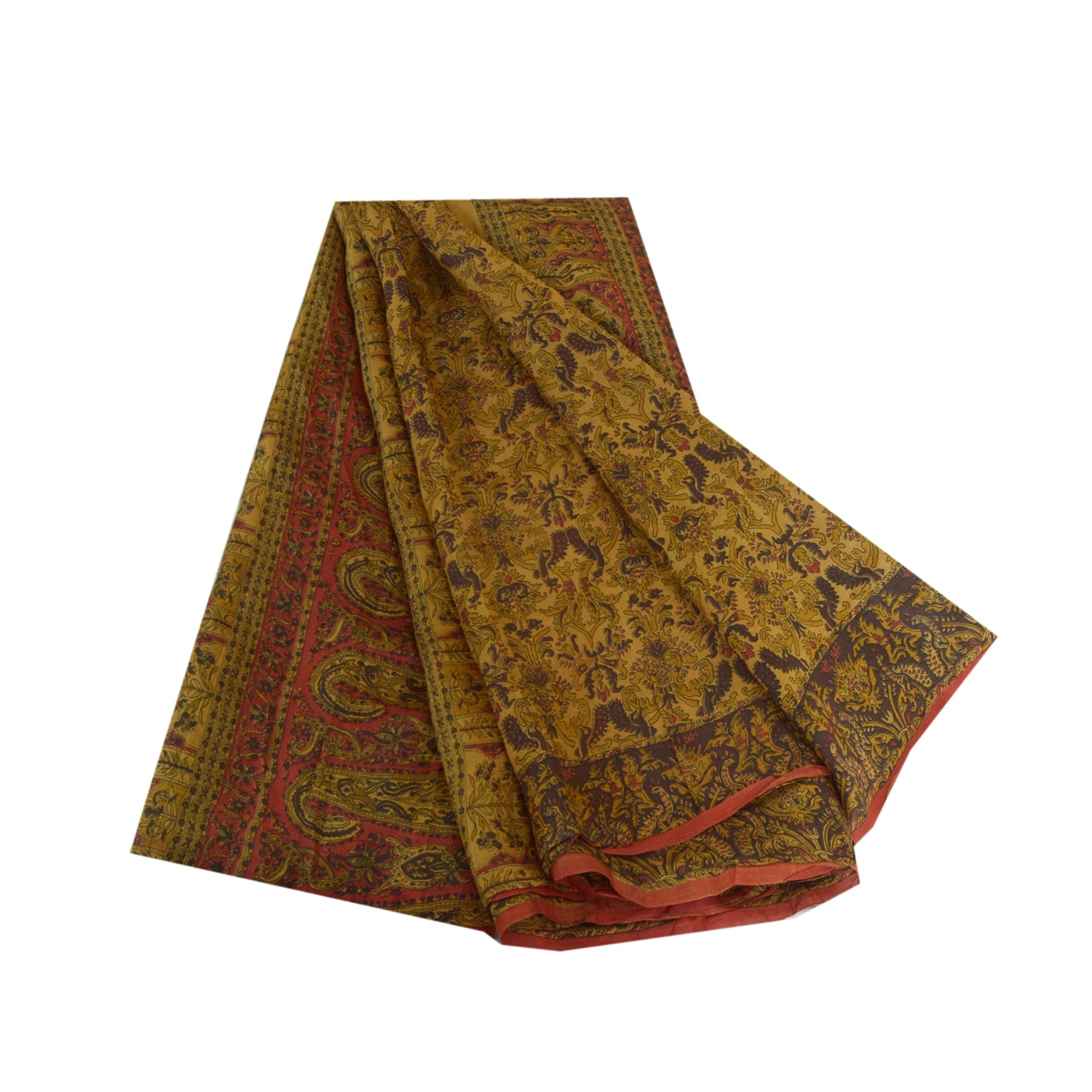 Sanskriti Vintage Sarees Heena-Green Pure Silk Printed Sari Floral Craft Sustainable Fabric