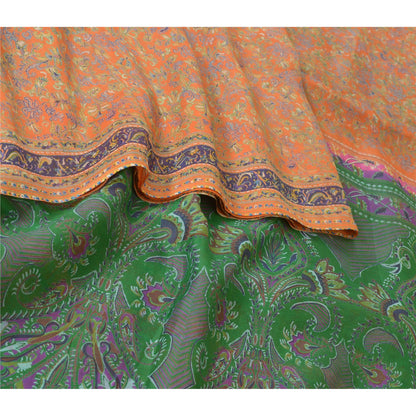 Сари Sanskriti Vintage, оранжевое/зеленое, чистый шелк, напечатанное сари, мягкая, рукодельная, устойчивая ткань