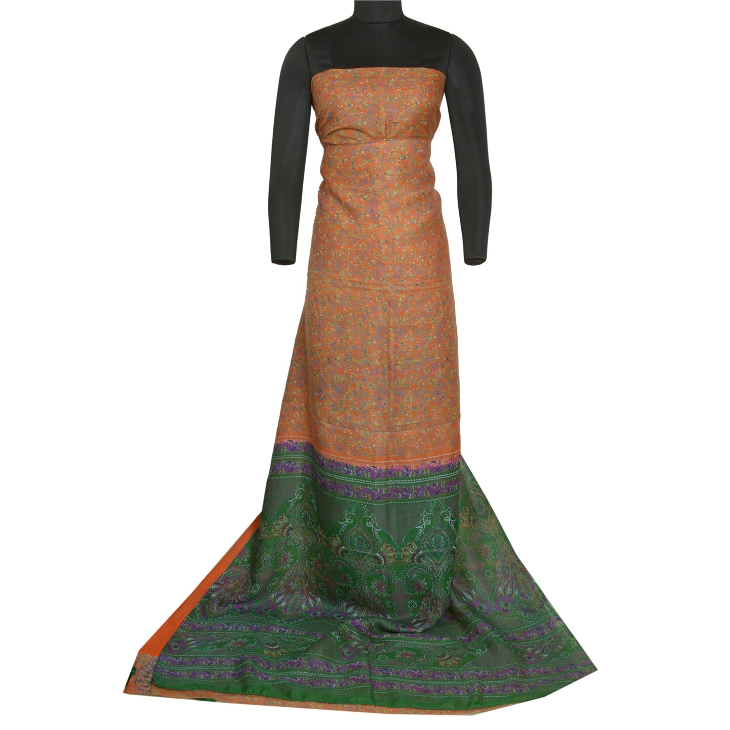 Сари Sanskriti Vintage, оранжевое/зеленое, чистый шелк, напечатанное сари, мягкая, рукодельная, устойчивая ткань