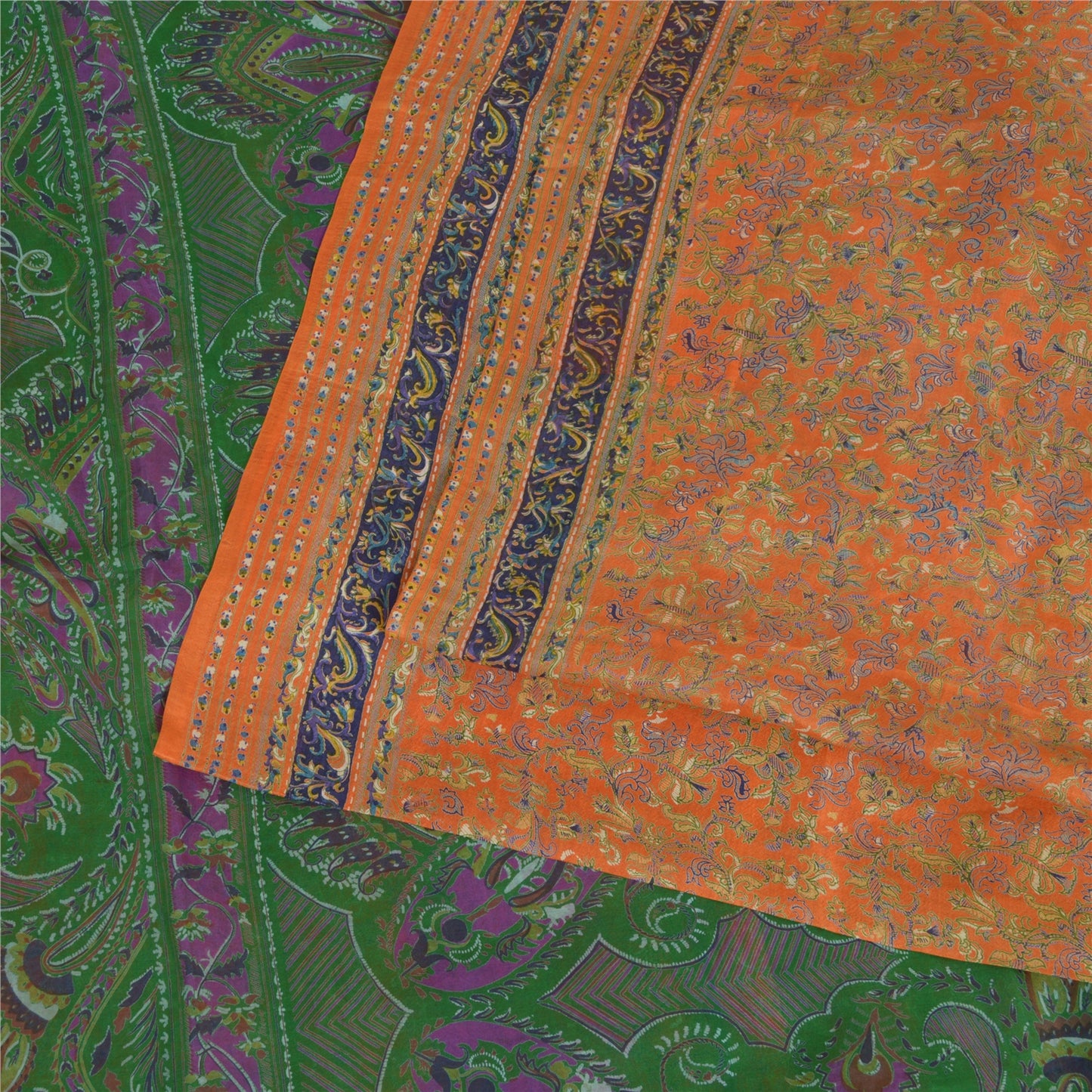 Сари Sanskriti Vintage, оранжевое/зеленое, чистый шелк, напечатанное сари, мягкая, рукодельная, устойчивая ткань