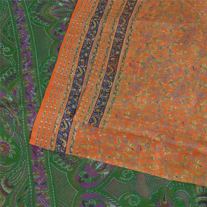 Сари Sanskriti Vintage, оранжевое/зеленое, чистый шелк, напечатанное сари, мягкая, рукодельная, устойчивая ткань