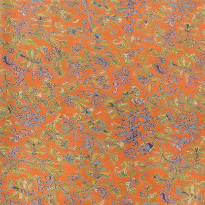 Сари Sanskriti Vintage, оранжевое/зеленое, чистый шелк, напечатанное сари, мягкая, рукодельная, устойчивая ткань