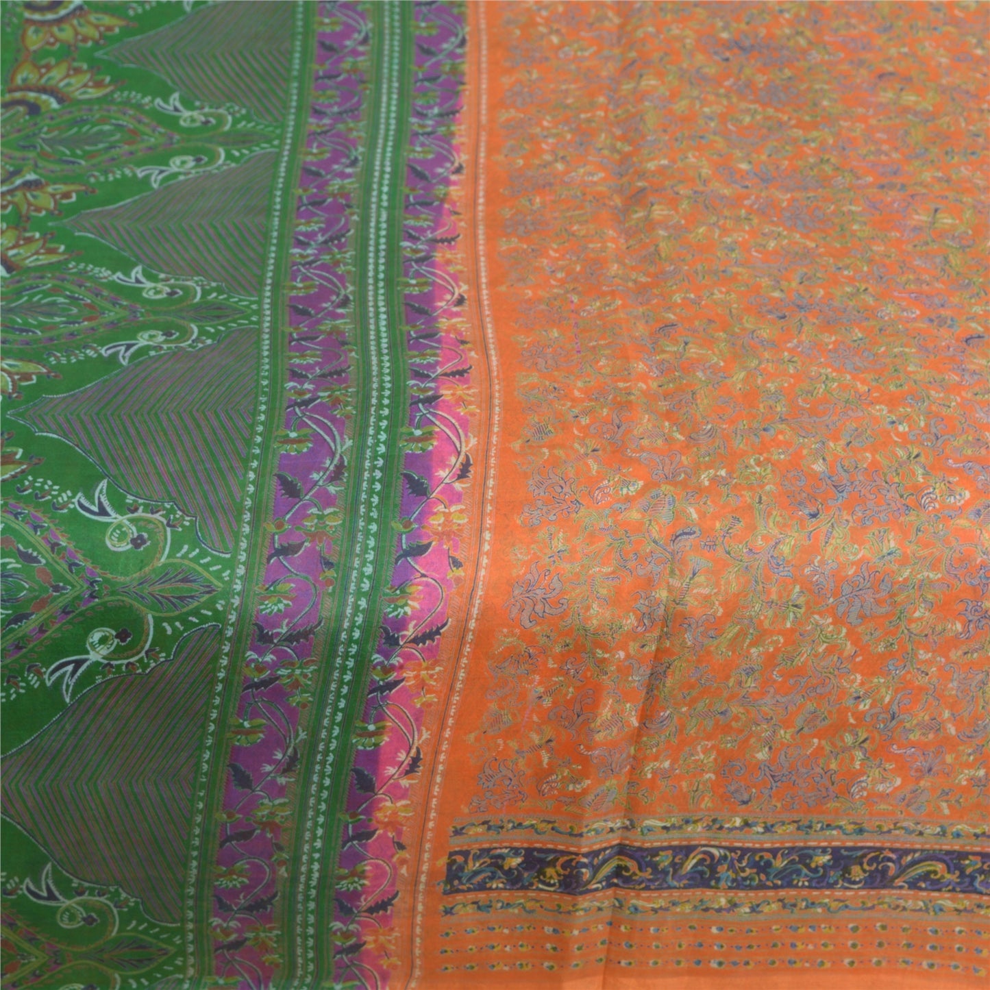 Сари Sanskriti Vintage, оранжевое/зеленое, чистый шелк, напечатанное сари, мягкая, рукодельная, устойчивая ткань