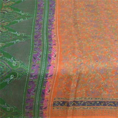 Сари Sanskriti Vintage, оранжевое/зеленое, чистый шелк, напечатанное сари, мягкая, рукодельная, устойчивая ткань