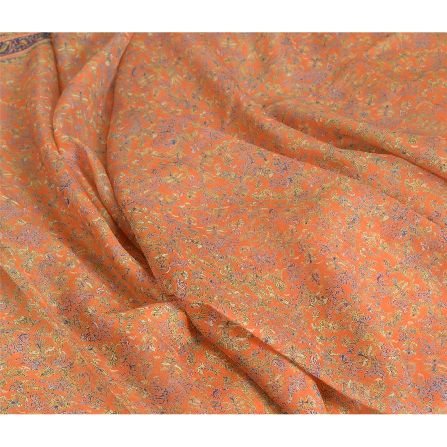 Сари Sanskriti Vintage, оранжевое/зеленое, чистый шелк, напечатанное сари, мягкая, рукодельная, устойчивая ткань