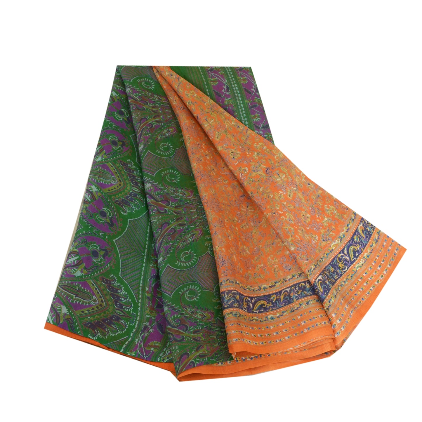 Сари Sanskriti Vintage, оранжевое/зеленое, чистый шелк, напечатанное сари, мягкая, рукодельная, устойчивая ткань