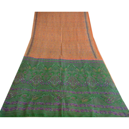 Сари Sanskriti Vintage, оранжевое/зеленое, чистый шелк, напечатанное сари, мягкая, рукодельная, устойчивая ткань