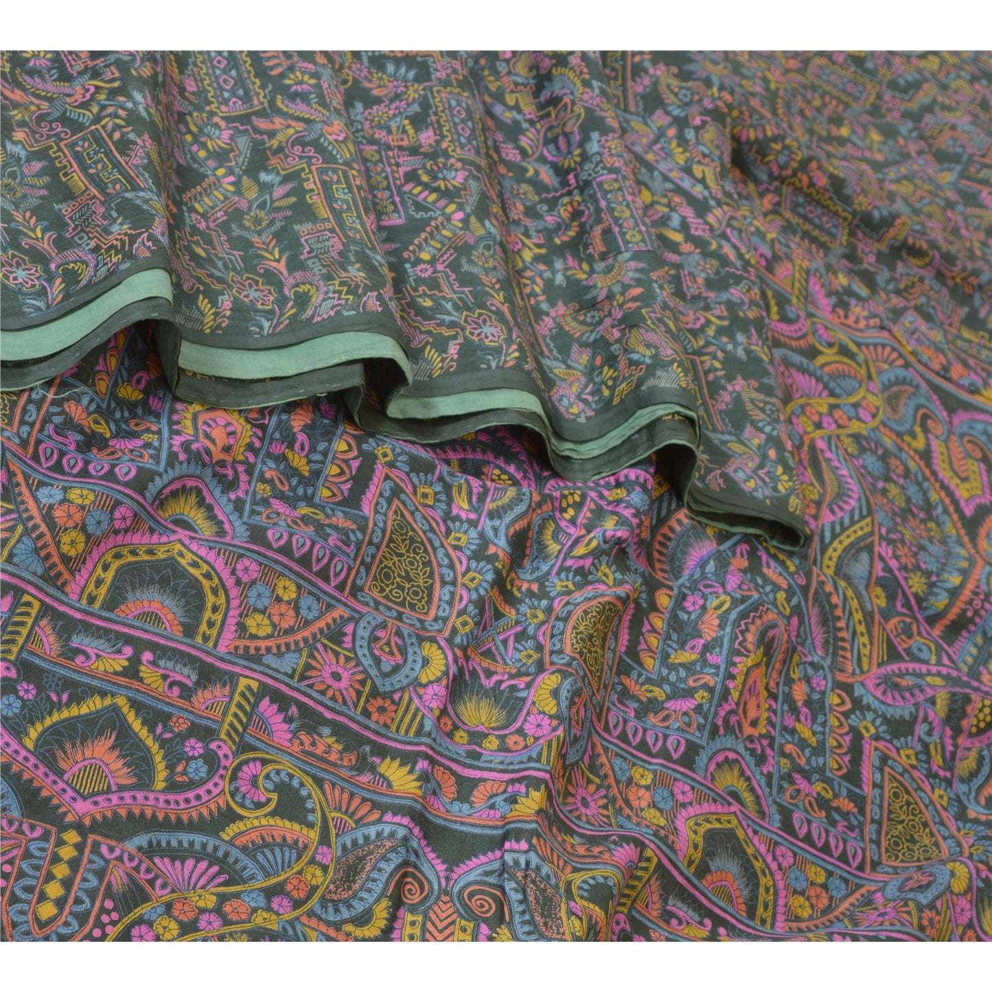 Sanskriti Vintage Sarees Dark Gray 100% Pure Silk Printed Sari Soft Craft Sustainable Fabric