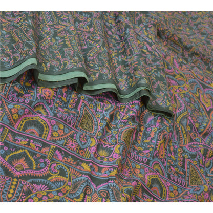 Sanskriti Vintage Sarees Dark Gray 100% Pure Silk Printed Sari Soft Craft Sustainable Fabric