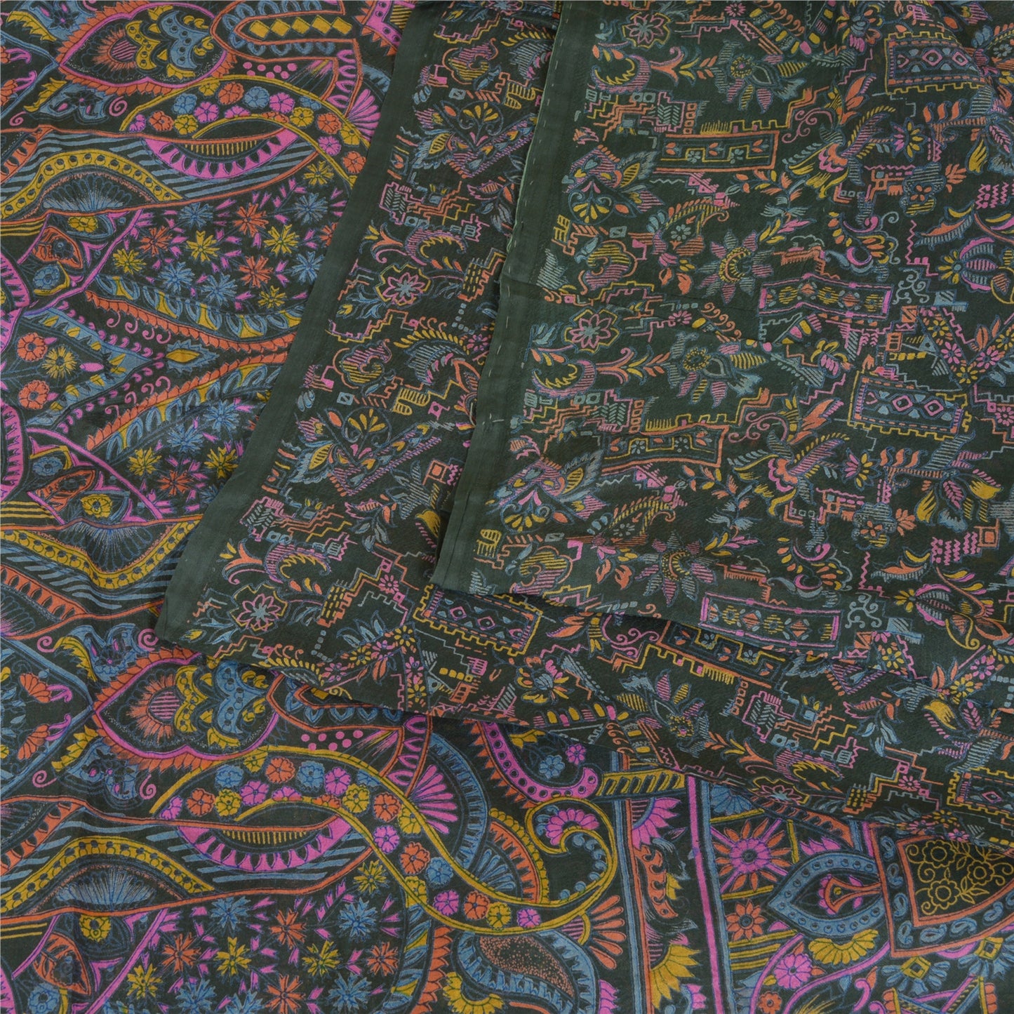 Sanskriti Vintage Sarees Dark Gray 100% Pure Silk Printed Sari Soft Craft Sustainable Fabric