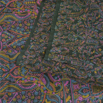 Sanskriti Vintage Sarees Dark Gray 100% Pure Silk Printed Sari Soft Craft Sustainable Fabric