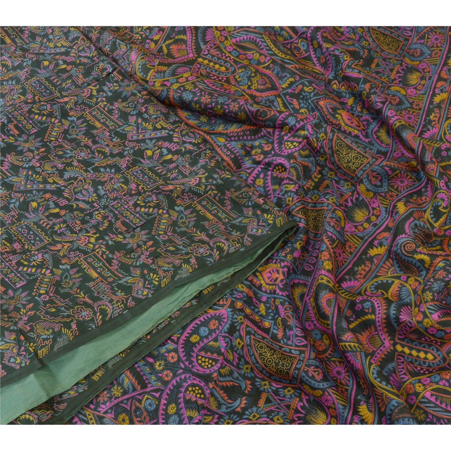 Sanskriti Vintage Sarees Dark Gray 100% Pure Silk Printed Sari Soft Craft Sustainable Fabric