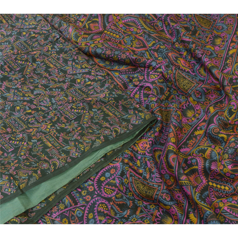 Sanskriti Vintage Sarees Dark Gray 100% Pure Silk Printed Sari Soft Craft Sustainable Fabric
