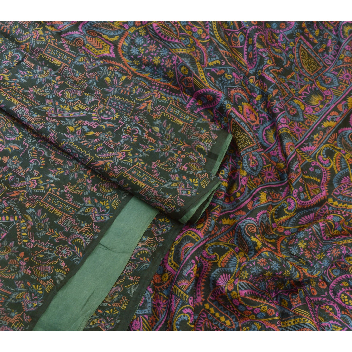 Sanskriti Vintage Sarees Dark Gray 100% Pure Silk Printed Sari Soft Craft Sustainable Fabric