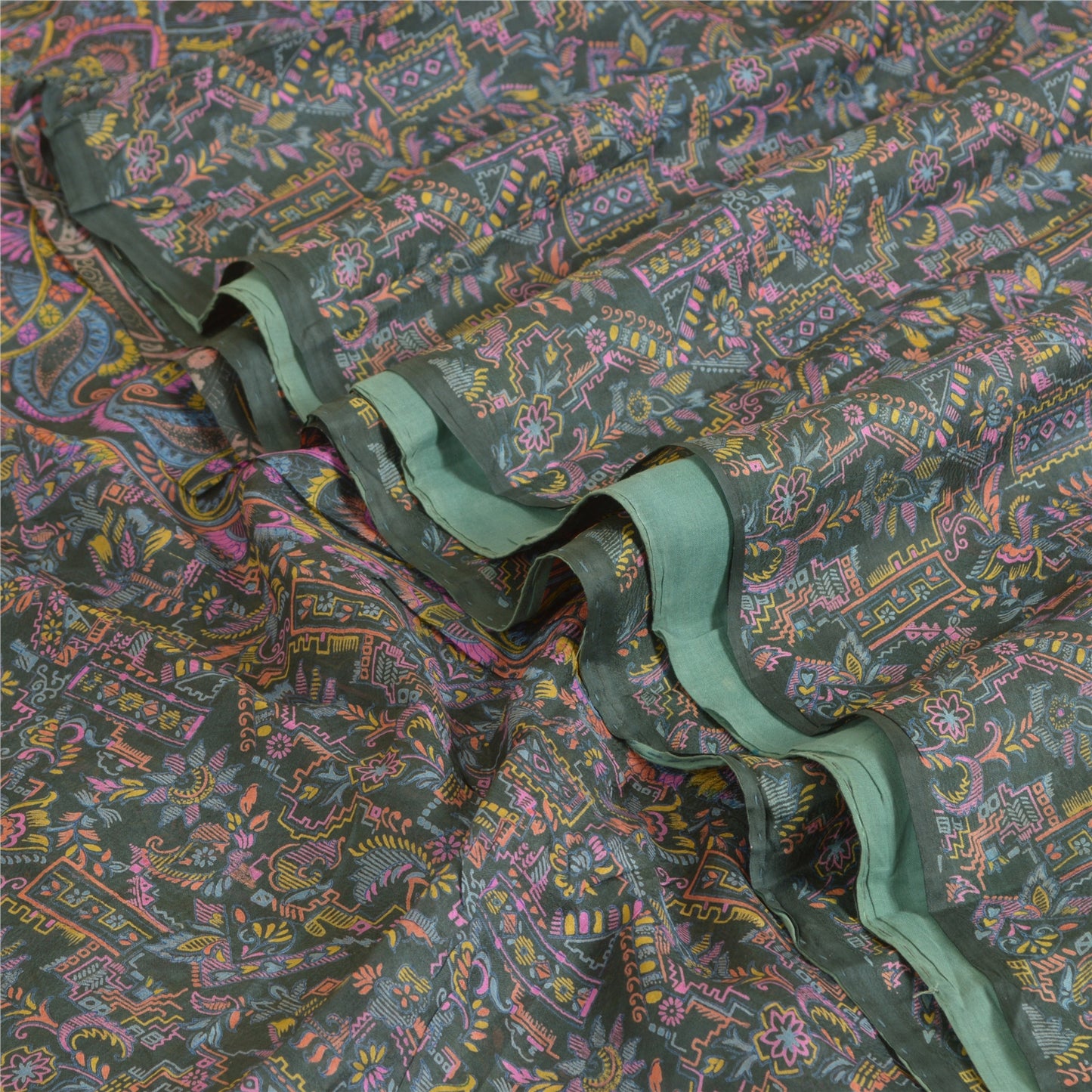 Sanskriti Vintage Sarees Dark Gray 100% Pure Silk Printed Sari Soft Craft Sustainable Fabric