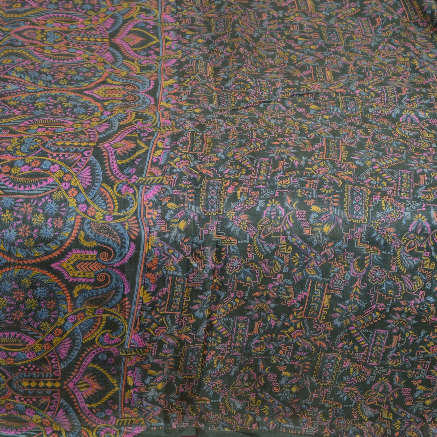 Sanskriti Vintage Sarees Dark Gray 100% Pure Silk Printed Sari Soft Craft Sustainable Fabric