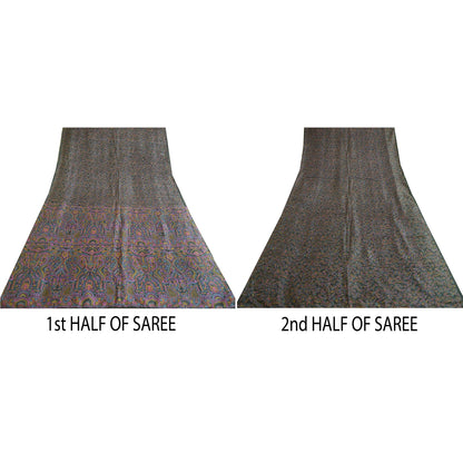 Sanskriti Vintage Sarees Dark Gray 100% Pure Silk Printed Sari Soft Craft Sustainable Fabric