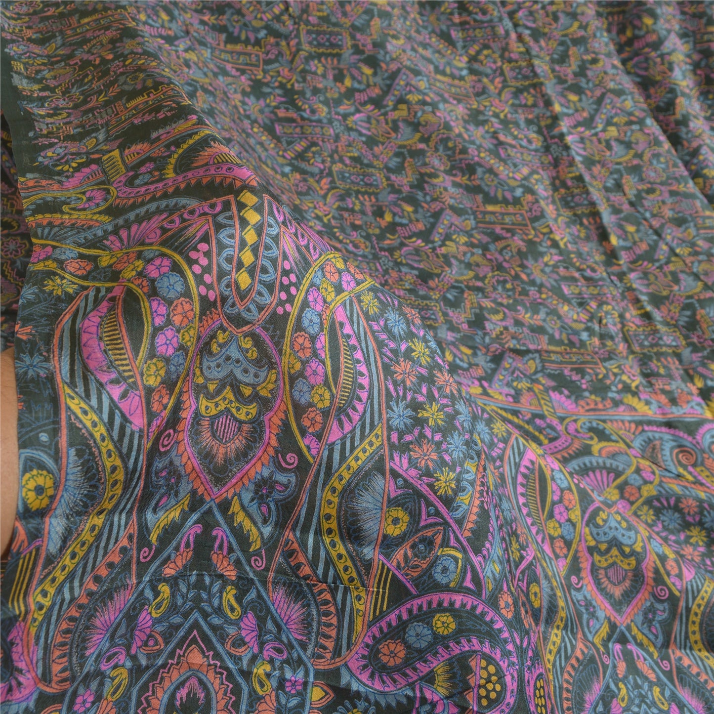 Sanskriti Vintage Sarees Dark Gray 100% Pure Silk Printed Sari Soft Craft Sustainable Fabric