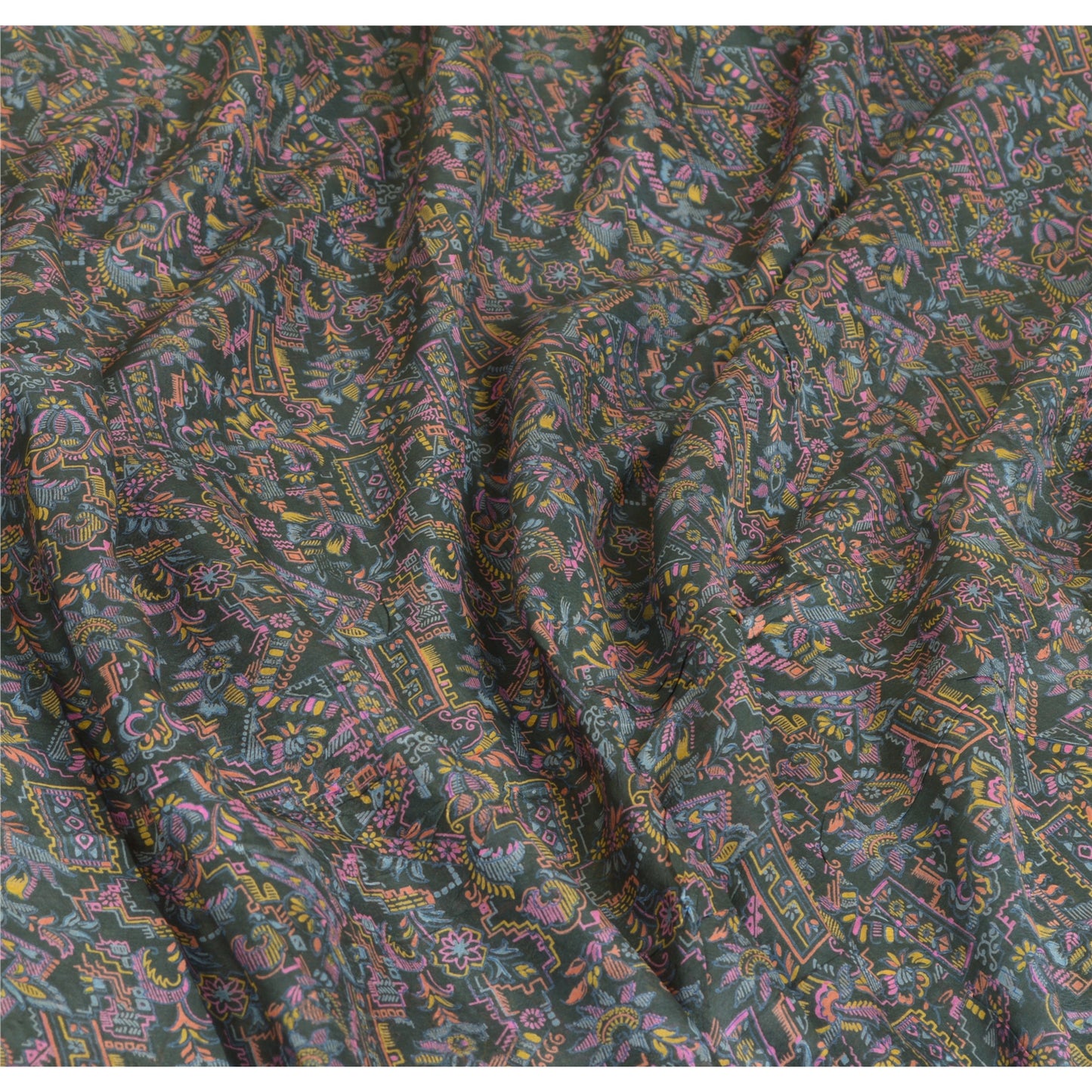 Sanskriti Vintage Sarees Dark Gray 100% Pure Silk Printed Sari Soft Craft Sustainable Fabric