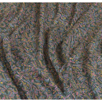 Sanskriti Vintage Sarees Dark Gray 100% Pure Silk Printed Sari Soft Craft Sustainable Fabric