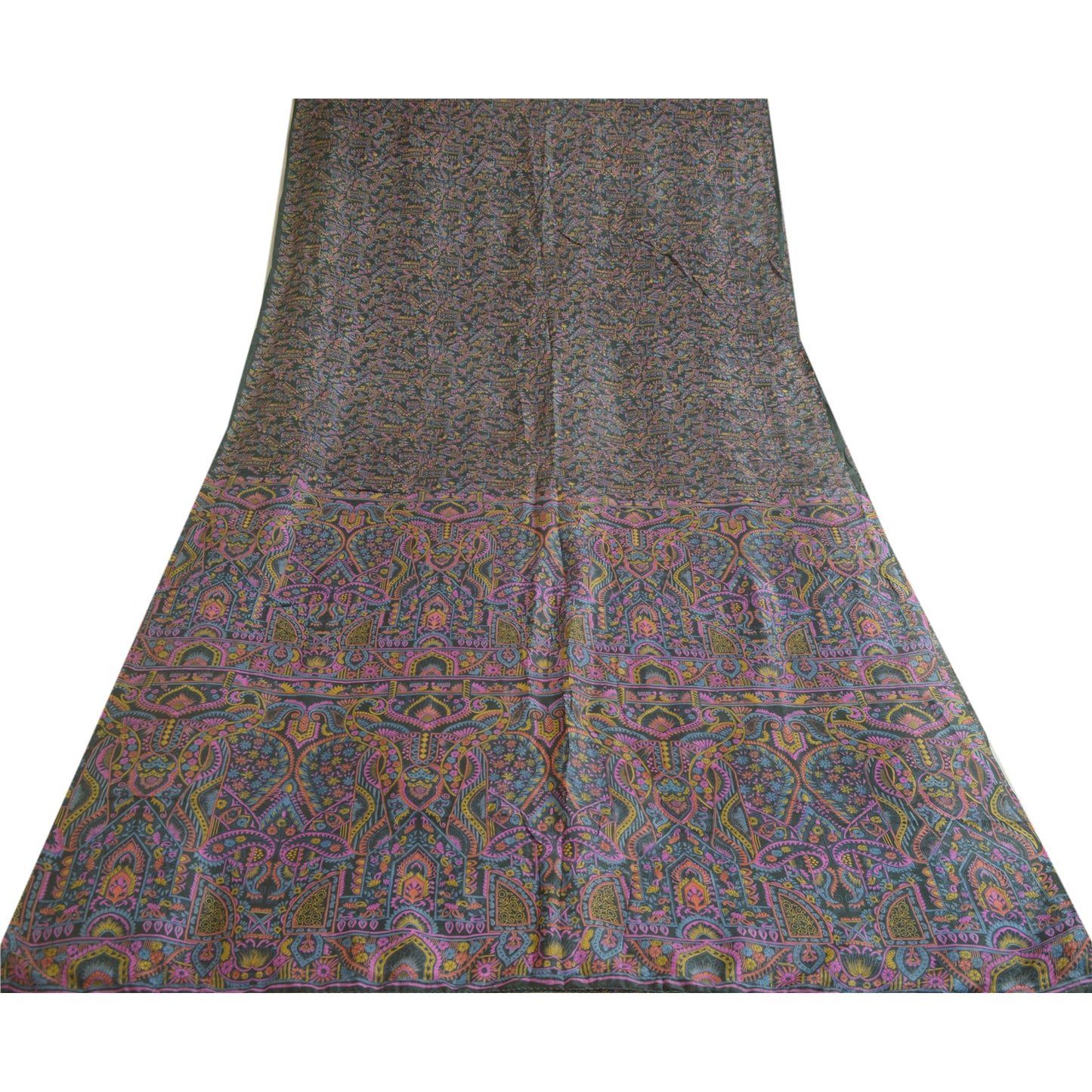 Sanskriti Vintage Sarees Dark Gray 100% Pure Silk Printed Sari Soft Craft Sustainable Fabric