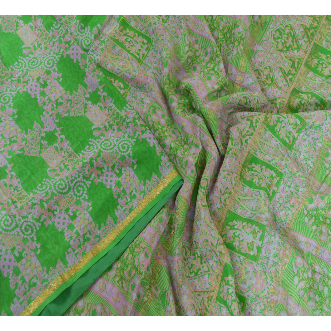 Sanskriti Vintage Sarees Green Zari Border Pure Silk Printed Sari Craft Fabric