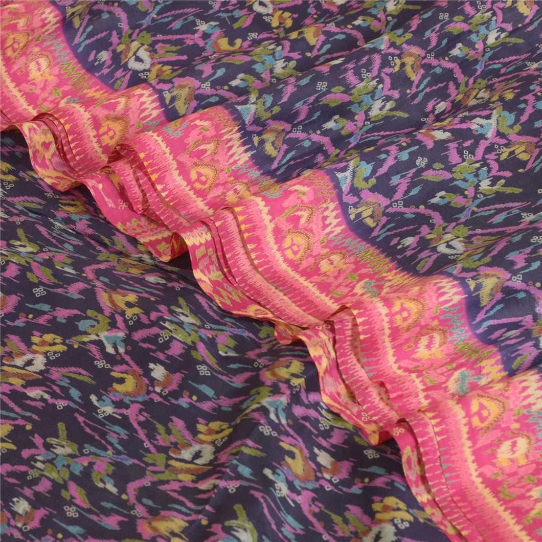 Sanskriti Vintage Sarees Indian Blue/Pink Pure Silk Printed Sari Craft Fabric