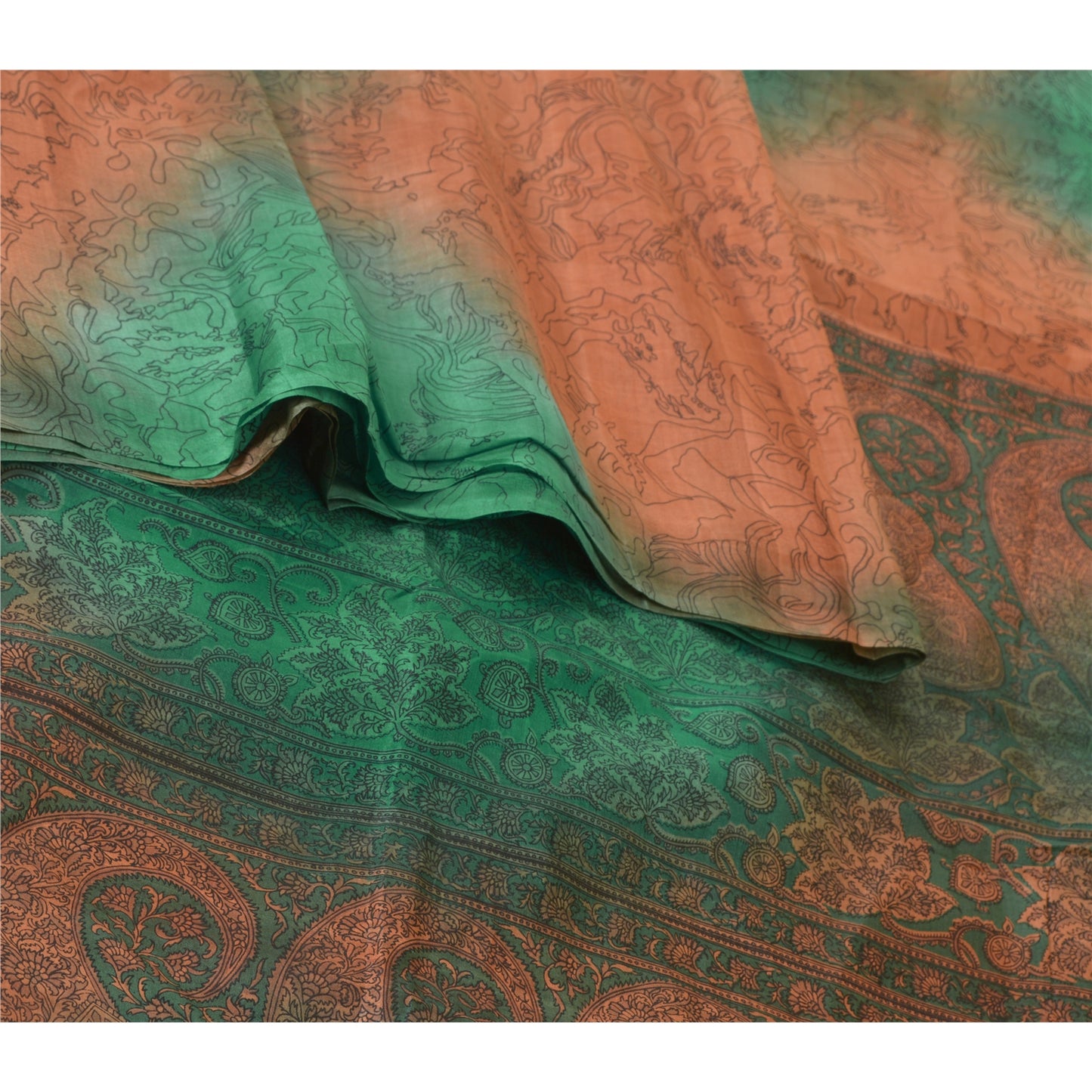 Sanskriti Vintage Sarees Orange/Green Pure Silk Printed Sari 5yd Craft Sustainable Fabric