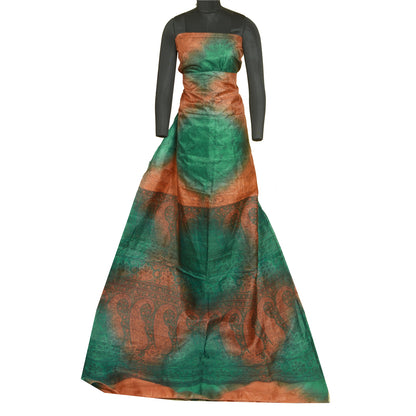 Sanskriti Vintage Sarees Orange/Green Pure Silk Printed Sari 5yd Craft Sustainable Fabric