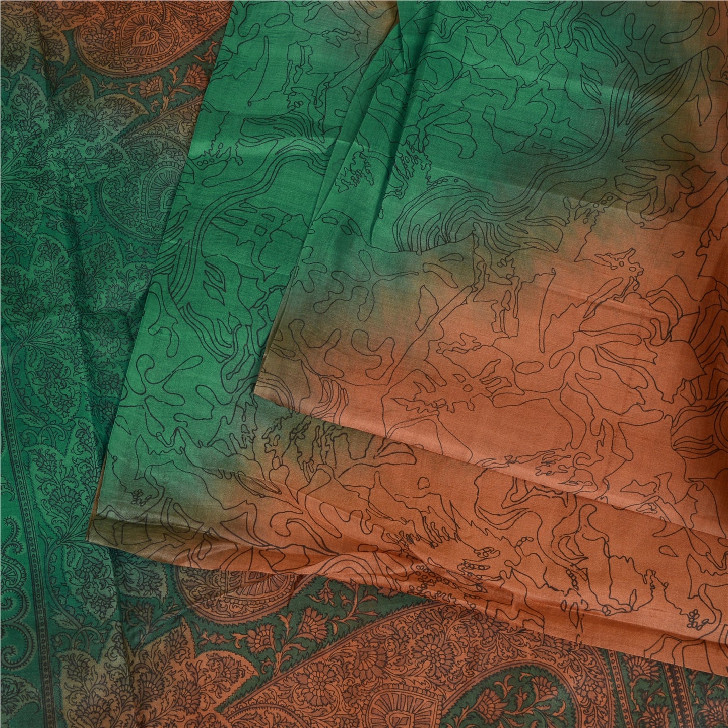 Sanskriti Vintage Sarees Orange/Green Pure Silk Printed Sari 5yd Craft Sustainable Fabric