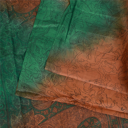 Sanskriti Vintage Sarees Orange/Green Pure Silk Printed Sari 5yd Craft Sustainable Fabric