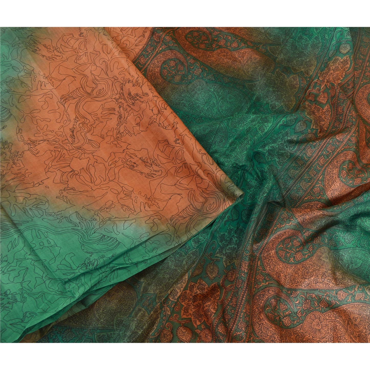Sanskriti Vintage Sarees Orange/Green Pure Silk Printed Sari 5yd Craft Sustainable Fabric