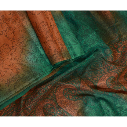 Sanskriti Vintage Sarees Orange/Green Pure Silk Printed Sari 5yd Craft Sustainable Fabric