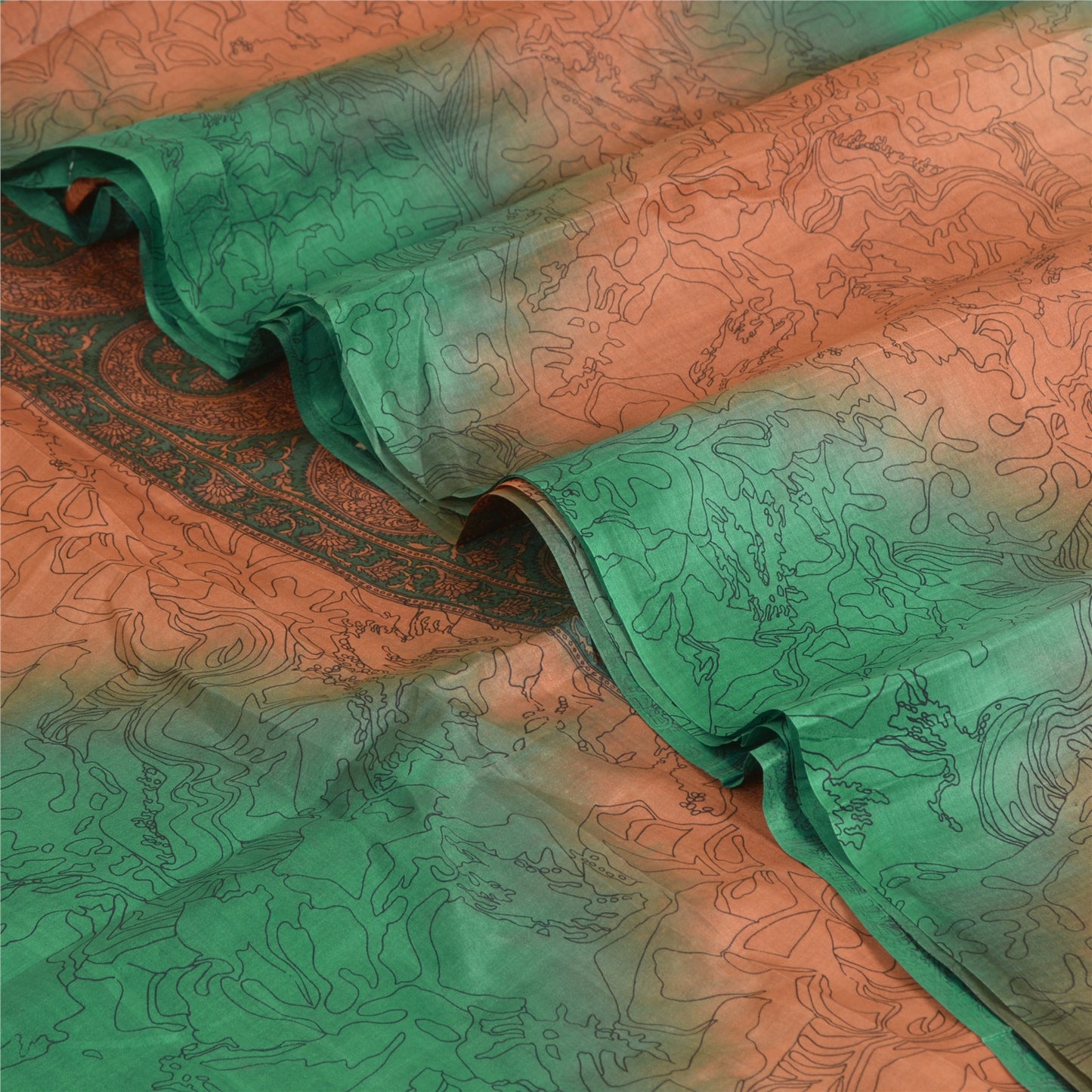 Sanskriti Vintage Sarees Orange/Green Pure Silk Printed Sari 5yd Craft Sustainable Fabric
