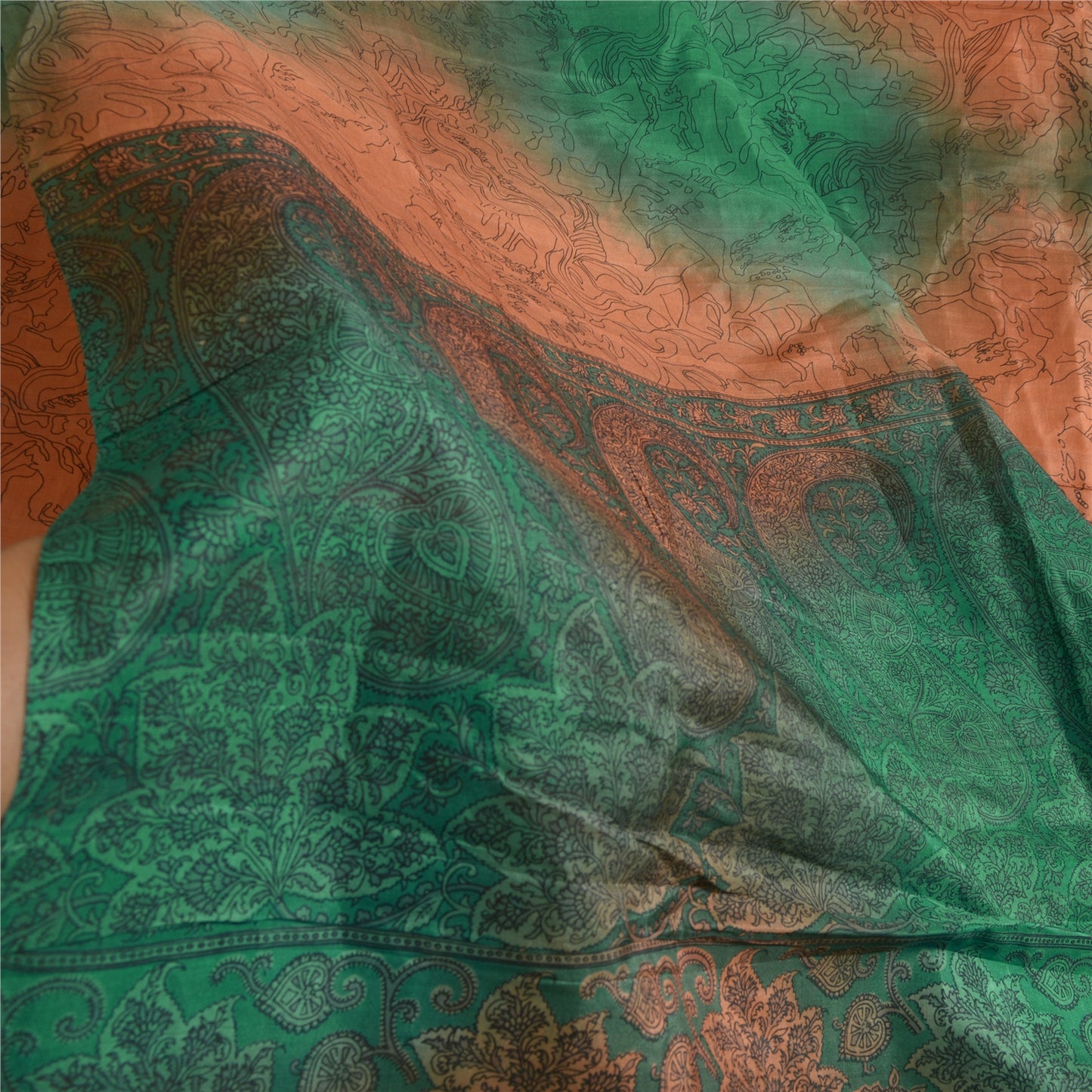 Sanskriti Vintage Sarees Orange/Green Pure Silk Printed Sari 5yd Craft Sustainable Fabric
