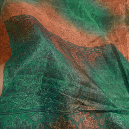 Sanskriti Vintage Sarees Orange/Green Pure Silk Printed Sari 5yd Craft Sustainable Fabric