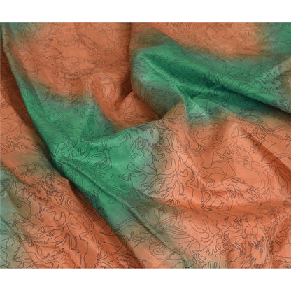 Sanskriti Vintage Sarees Orange/Green Pure Silk Printed Sari 5yd Craft Sustainable Fabric