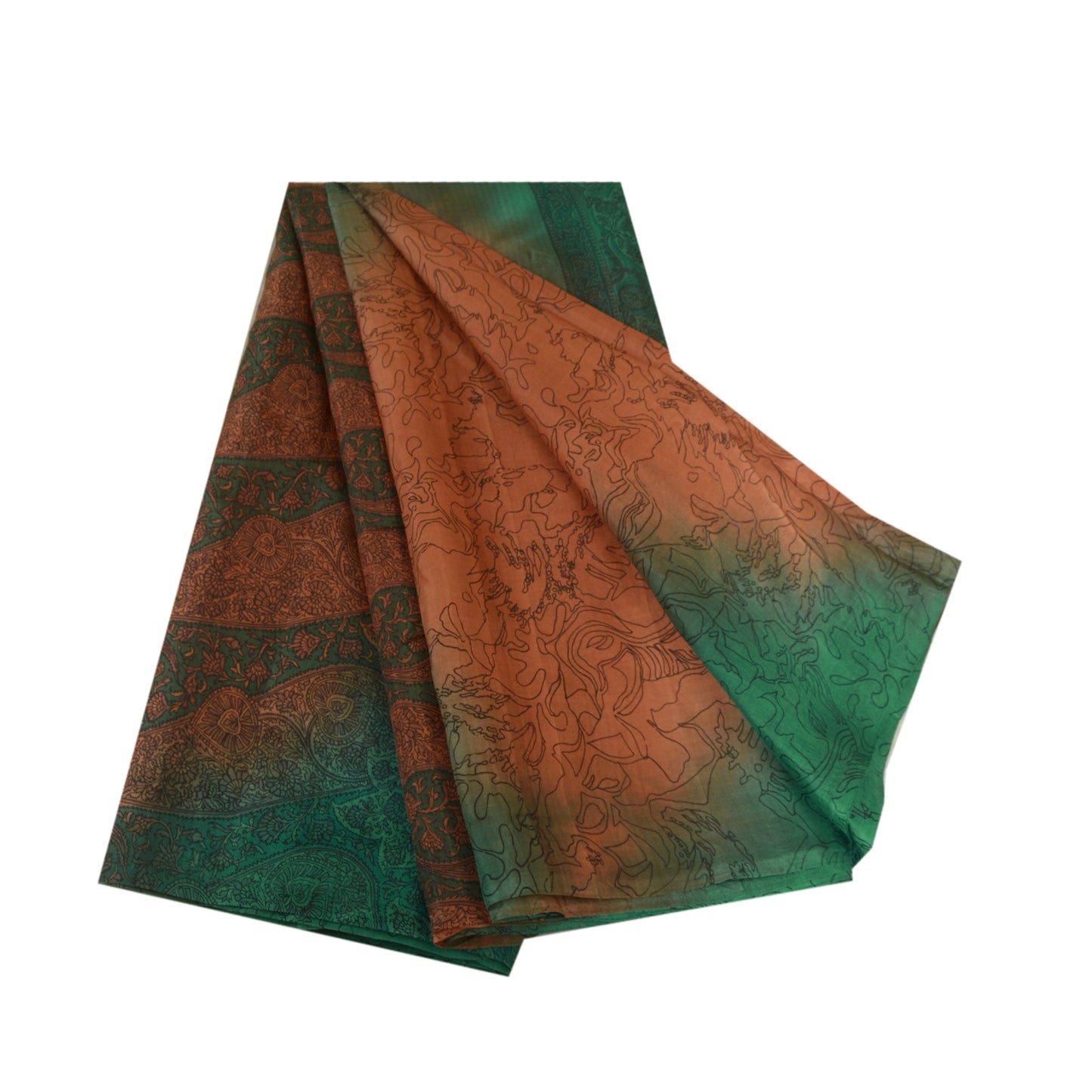 Sanskriti Vintage Sarees Orange/Green Pure Silk Printed Sari 5yd Craft Sustainable Fabric